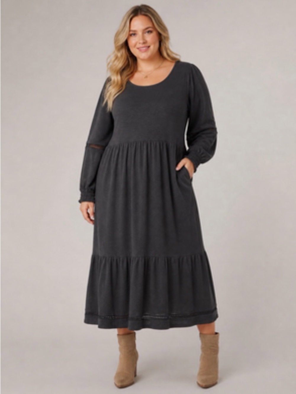 Canyon Retreat Easy Midi Tiered Boho Dress Washed Black 1X New
